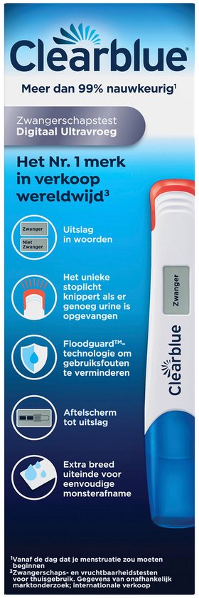 Clearblue zwangerschapstest verpakking: "Het Nr. 1 merk in verkoop wereldwijd". Witte test met blauwe en rode details toont "Zwanger".