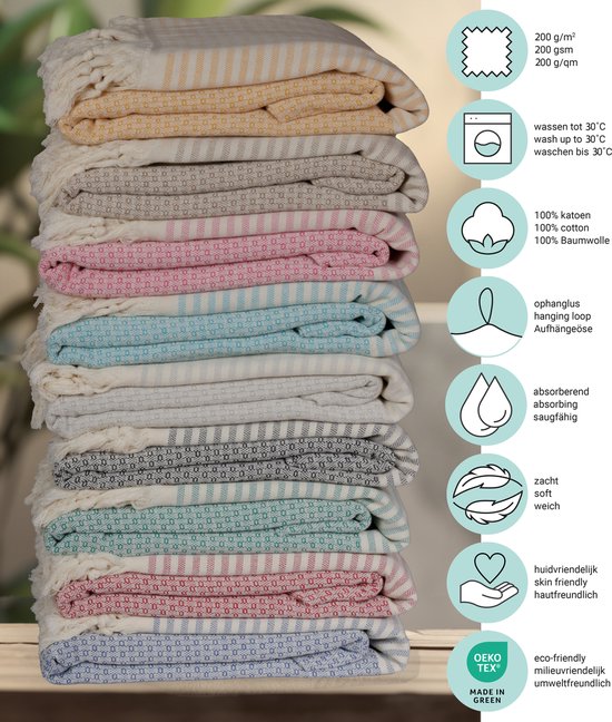Stapel hamamdoeken in verschillende kleuren. Iconen tonen eigenschappen: Oeko-Tex, wasbaar, katoen, ophanglus, absorberend, zacht.