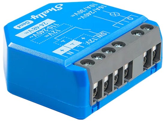 Blauwe Shelly Gen4 smart switch met schroefklemmen, weergave van schema.