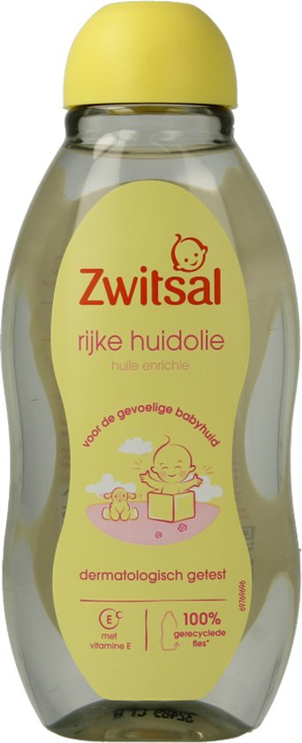 Fles Zwitsal rijke huidolie voor de gevoelige babyhuid, dermatologisch getest, met vitamine E.