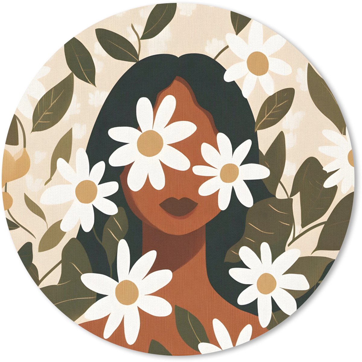 Muismat rond 50x50 cm - Mousepad Illustratie - Vrouw - Madeliefjes - Wit - Ronde muismatten