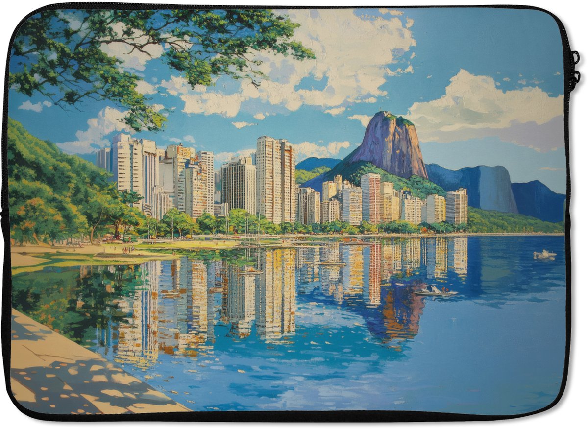 Laptophoes 13 inch - Berg - Skyline - Strand - Water - Laptop sleeve - Binnenmaat 32x22,5 cm - Zwarte achterkant