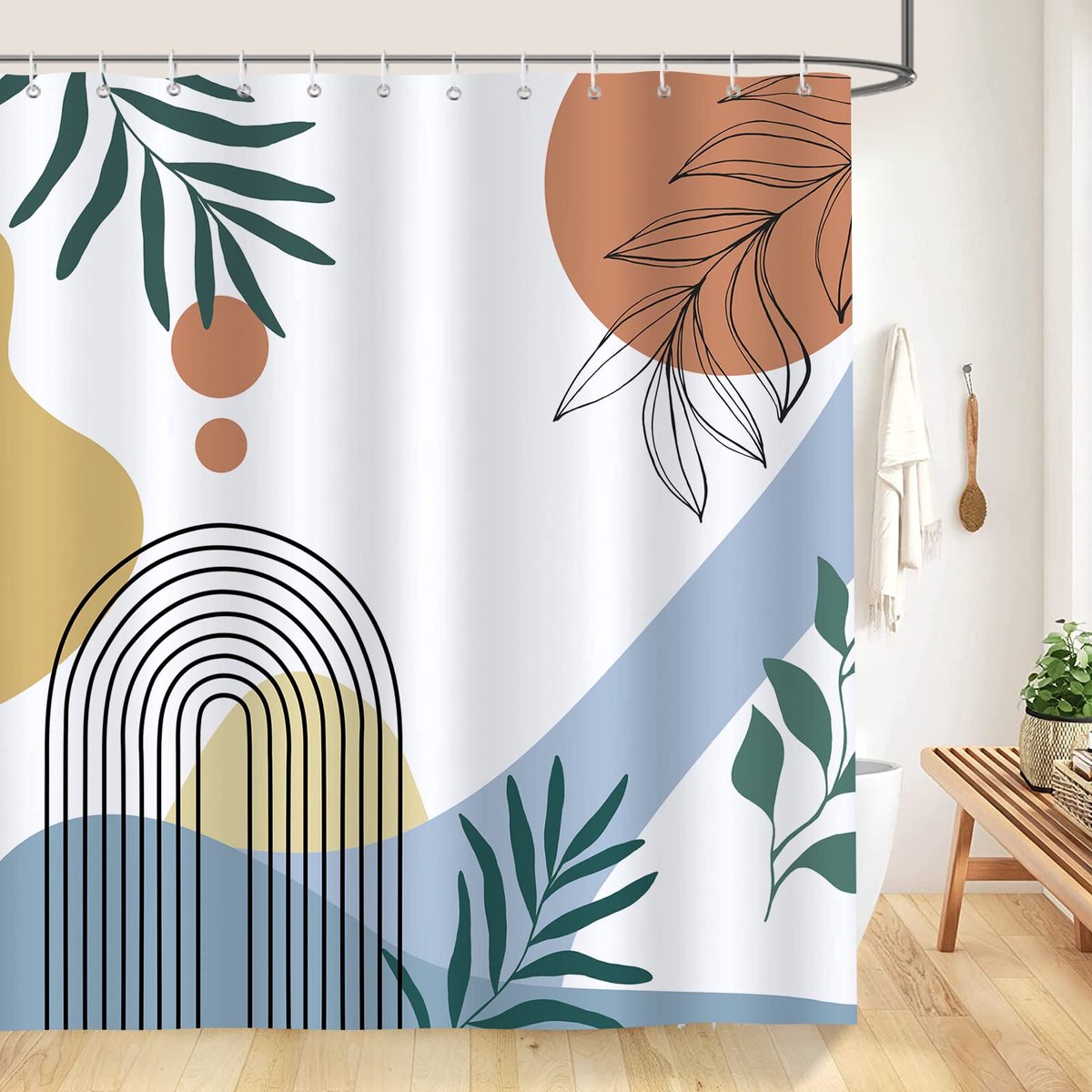 Ibenzoa® Modern Boho Douchegordijn met Abstracte Bladprint en Waterdichte Eigenschappen voor Stijlvolle Badkamers