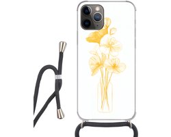 Telefoonhoesje Geschikt voor iPhone 11 Pro - Lijntekening - Bloemen - Geel - Vaas - Siliconen - Crossbody - Backcover met Koord - Telefoonhoesje met…