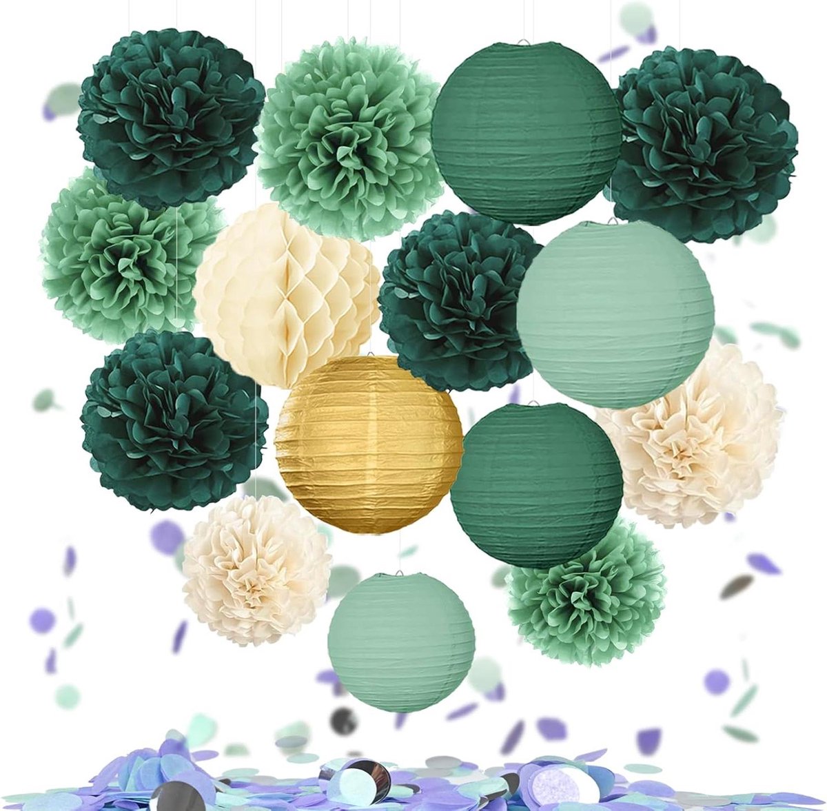 JGS Premium - Feestdecoratie Groen: 5 Papieren Lantaarns + 8 Pompons (15 Delen) voor Verjaardag, Trouwpartij, Babyshower, Tuinfeest