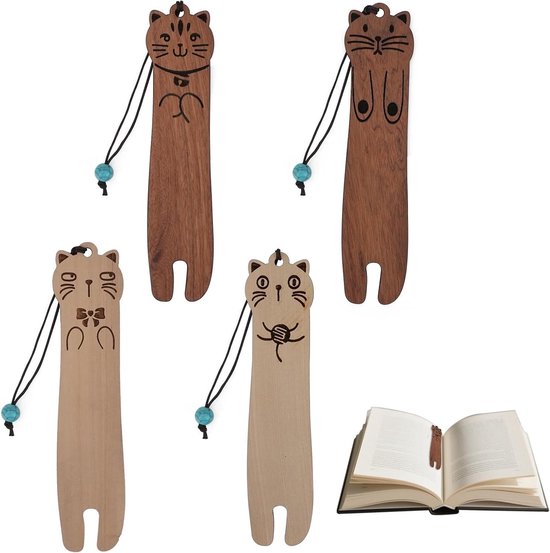 Foto: Jgs premium set van 4 houten katten boekenleggers voor boekenliefhebbers schattig en gepersonaliseerd inspirerende cadeaus voor kinderen en leraren
