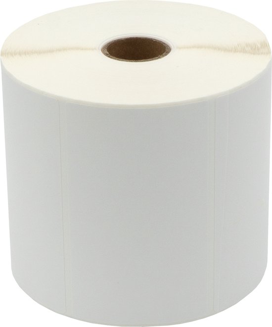 Een rol met witte etiketten, 100x60mm, voor thermisch printen.