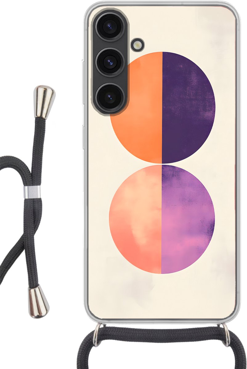 Telefoonhoesje Geschikt voor Samsung Galaxy S24 - Abstract - Cirkels - Paars - Siliconen - Crossbody - Backcover met Koord - Telefoonhoesje met koord - Hoesje met touw Telefoonhoesje
