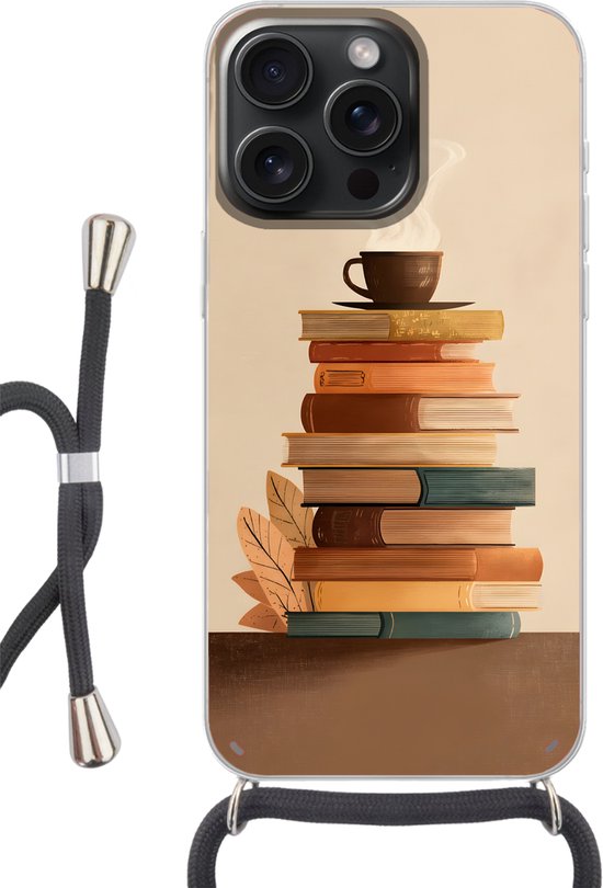 Étui téléphonique Convient pour iPhone 15 Pro - Boeken - Tour - Café - Beige - Siliconen - Crossbody - Backcover avec Cordon - Étui téléphonique avec cordon - Étui avec corde Étui téléphonique
