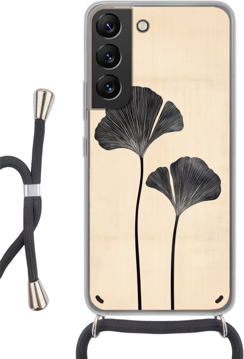 Telefoonhoesje Geschikt voor Samsung Galaxy S22 - Bladeren - Minimalistisch - Zwart - Siliconen - Crossbody - Backcover met Koord - Telefoonhoesje met koord - Hoesje met touw Telefoonhoesje