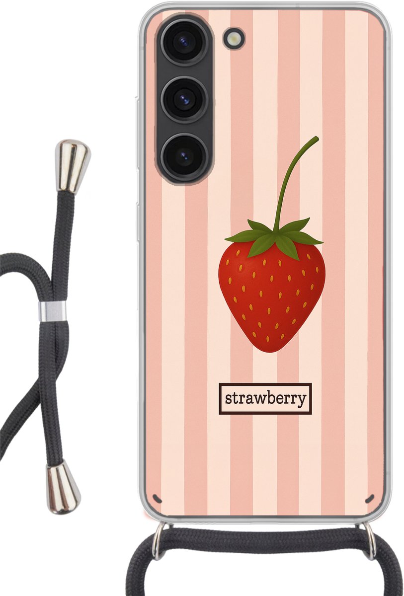 Telefoonhoesje Geschikt voor Samsung Galaxy S23 - Aardbei - Strepen - Minimalistisch - Rood - Siliconen - Crossbody - Backcover met Koord - Telefoonhoesje met koord - Hoesje met touw Telefoonhoesje