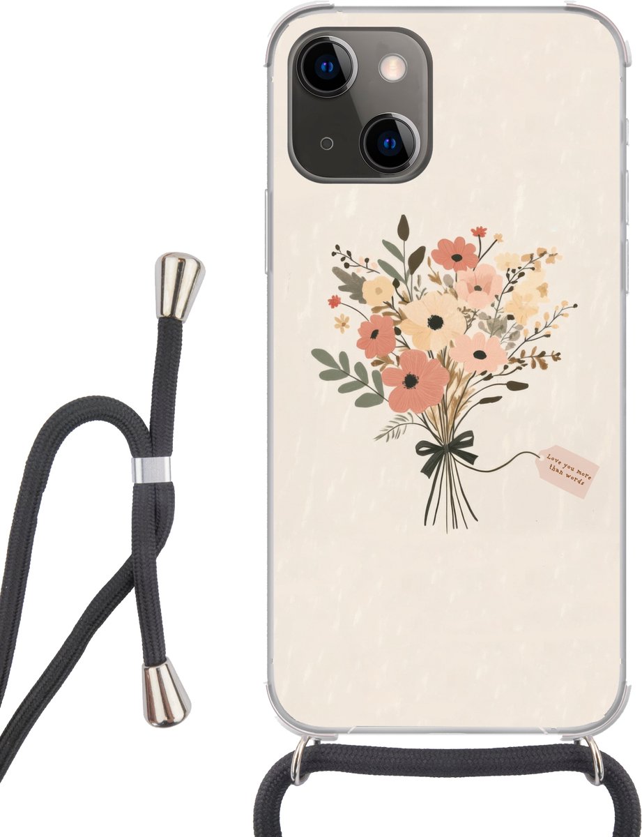 Telefoonhoesje Geschikt voor iPhone 13 - Bloemen - Quote - Beige - Lint - Siliconen - Crossbody - Backcover met Koord - Telefoonhoesje met koord - Hoesje met touw Telefoonhoesje