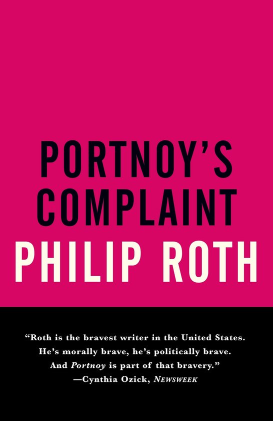 Boekomslag met roze bovenzijde en zwarte tekst. "PORTNOY'S COMPLAINT PHILIP ROTH" met recensie.