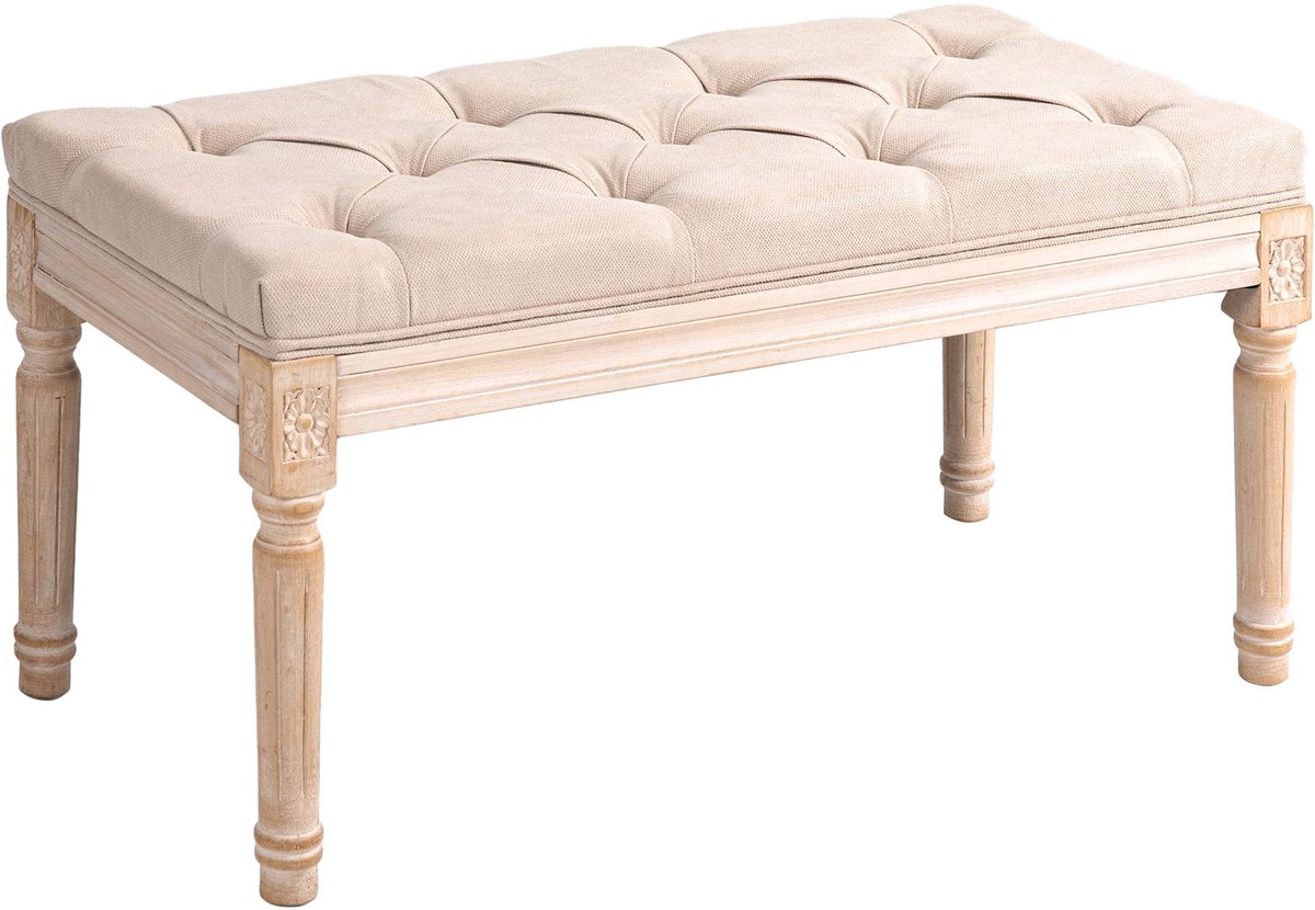 Merax HOMCOM Vintage Zitbank – Bankje In Linnenlook Met Knoopdetails – Houten Poten – Flurbank Voor Woonkamer Of Hal – Beige – 80x40x43 cm – Tot 120 kg