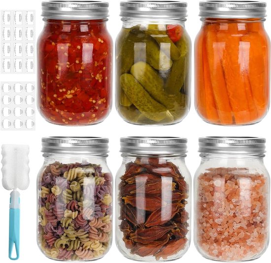 JGS Premium - Glazen inmaakpotten - Set van 6 - 16 oz - Voor voedselopslag, inmaken en fermenteren