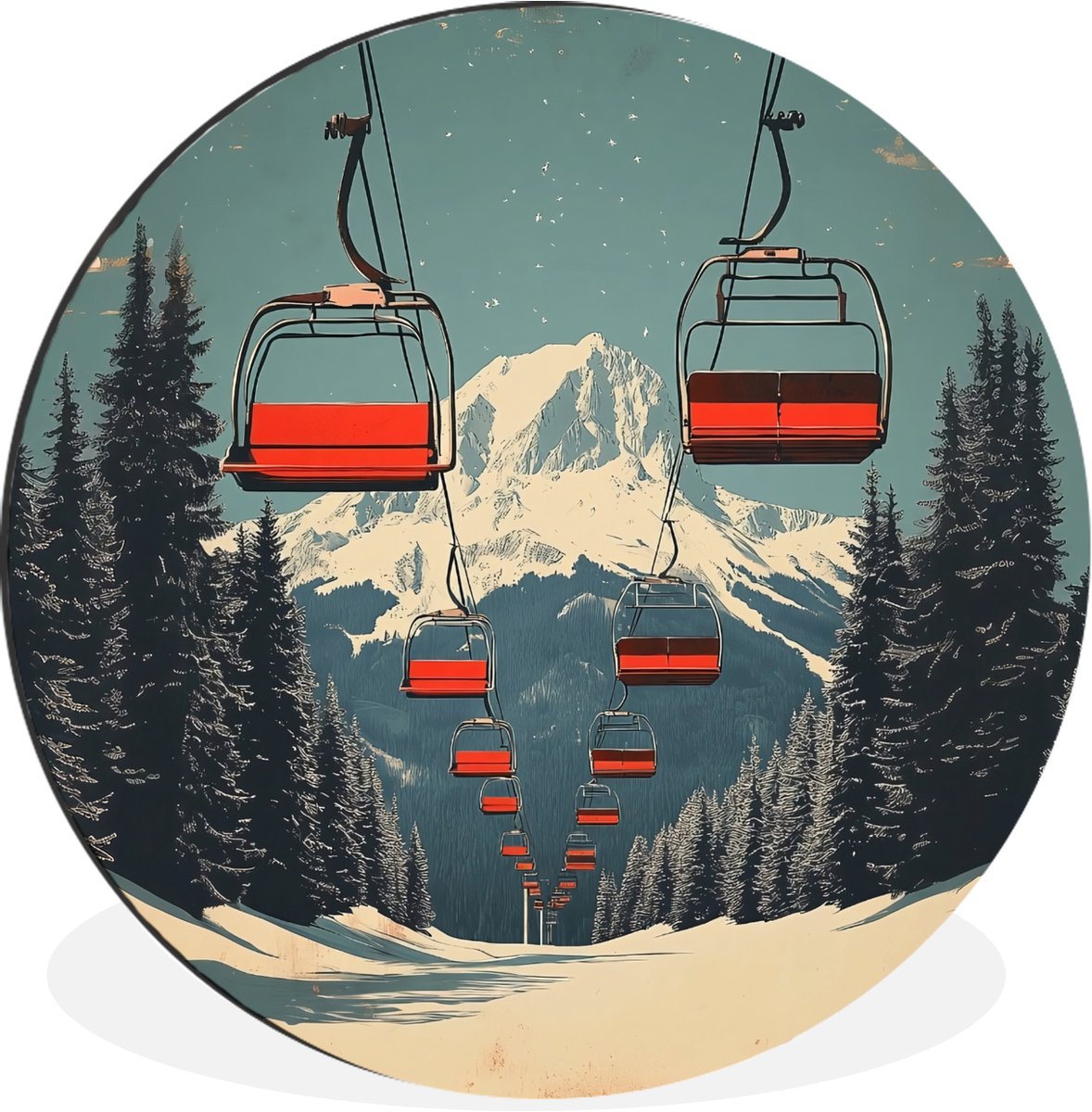 WallCircle Wandcirkel - Muurcirkel - Sneeuw - Skilift - Rood - Bomen - Aluminium - Dibond - 90x90 cm - Binnen en Buiten Skilift - Bergen - Sneeuw