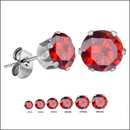 Aramat Jewels ® – Stalen oorbellen met zirkonia - Rood- Rond – 4mm