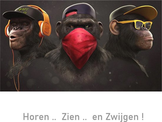 Allernieuwste.nl® Canvas Schilderij 3 Apen: Horen-Zien-Zwijgen GangsterArt - Modern Grafitti - Poster - 40 x 80 cm - Kleur