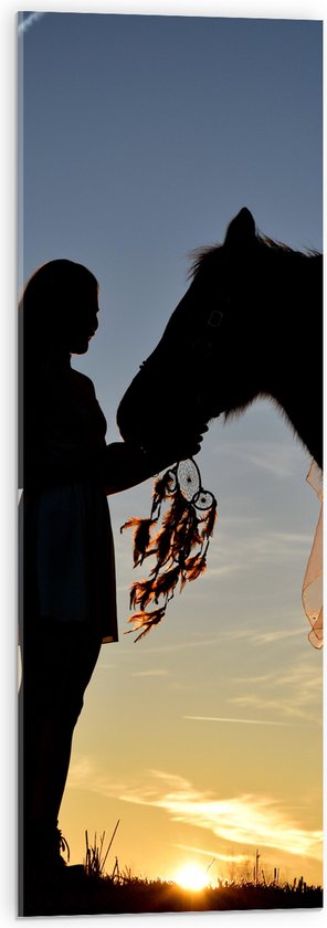 Acrylglas - Silhouet van Meisje met Dromenvanger bij Paard Tijdens Zonsondergang - 30x90 cm Foto op Acrylglas (Met Ophangsysteem)