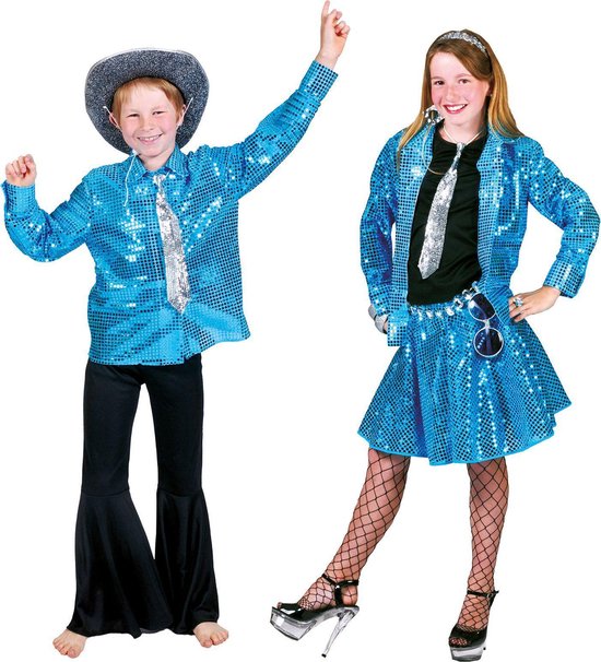 Kostuum | Disco Hemd Blauw | Jongens en meisjes| Maat 164 | Verkleedkleding