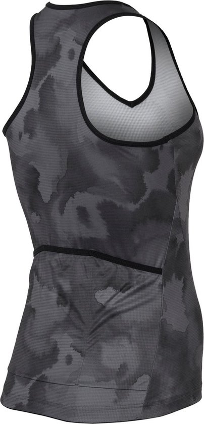 Zijaanzicht van een dames tanktop in zwart met abstract camouflage-achtig patroon. Racerback model.