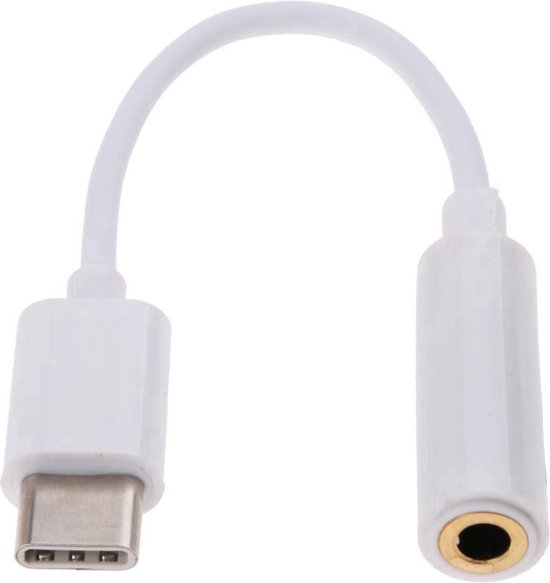 Witte USB-C naar 3.5mm AUX-kabeladapter.