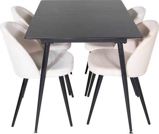 SilarBLExt eethoek eetkamertafel uitschuifbare tafel lengte cm 120 / 160 zwart en 4 Velvet eetkamerstal velours beige, zwart.
