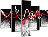 Glasschilderij -  Abstract - Zwart, Wit, Rood - 100x70cm 5Luik - Geen Acrylglas Schilderij - GroepArt 6000+ Glasschilderijen Collectie - Wanddecoratie- Foto Op Glas