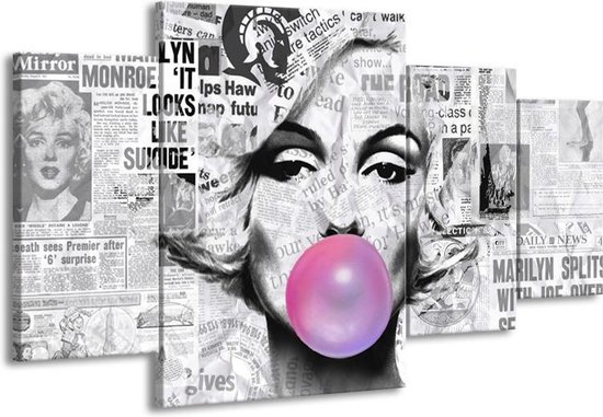 GroepArt - Schilderij -  Marilyn Monroe - Zwart, Grijs, Paars - 160x90cm 4Luik - Schilderij Op Canvas - Foto Op Canvas