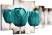 GroepArt - Schilderij -  Tulpen, Bloemen - Turquoise, Sepia - 160x90cm 4Luik - Schilderij Op Canvas - Foto Op Canvas