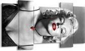 GroepArt - Schilderij - Marilyn Monroe - Zwart, Grijs, Rood - 120x65cm 5Luik - Foto Op Canvas - GroepArt 6000+ Schilderijen 0p Canvas Art Collectie - Wanddecoratie
