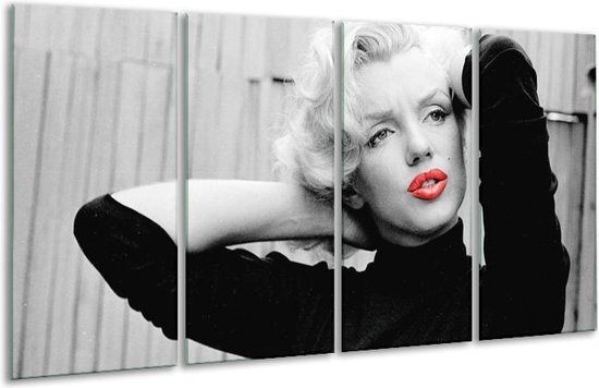GroepArt - Glasschilderij - Marilyn Monroe - Zwart, Wit, Rood - 160x80cm 4Luik - Foto Op Glas - Geen Acrylglas Schilderij - 6000+ Glasschilderijen Collectie - Wanddecoratie