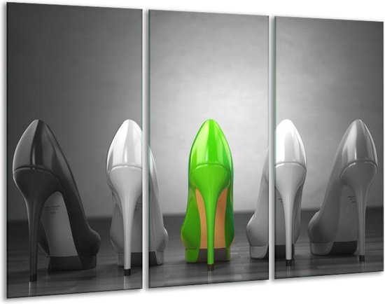 Glasschilderij Schoenen, Vrouw - Grijs, Groen, Zwart - 120x80cm 3Luik - Foto Op Glas - Geen Acrylglas Schilderij - GroepArt 6000+ Glas Art Collectie - Maatwerk Mogelijk