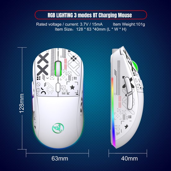 Afmetingen van de witte gaming muis, met prints en RGB-verlichting. Zijaanzicht en vooraanzicht getoond.