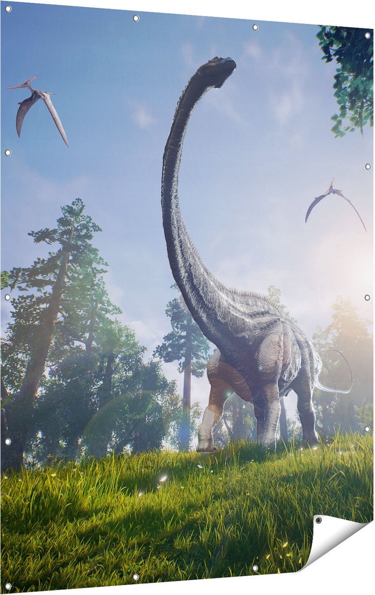 Gards Tuinposter Diplodocus Dinosauri�r in het Bos - 120x160 cm - Tuindoek - Tuindecoratie - Wanddecoratie buiten - Tuinschilderij Multikleur