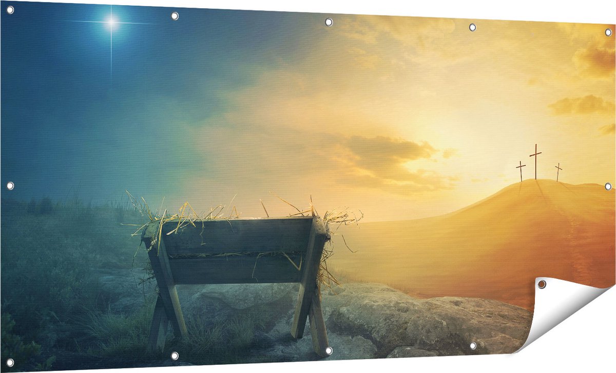 Gards Tuinposter Kribbe en Drie Kruisen - 160x80 cm - Tuindoek - Tuindecoratie - Wanddecoratie buiten - Tuinschilderij Multikleur