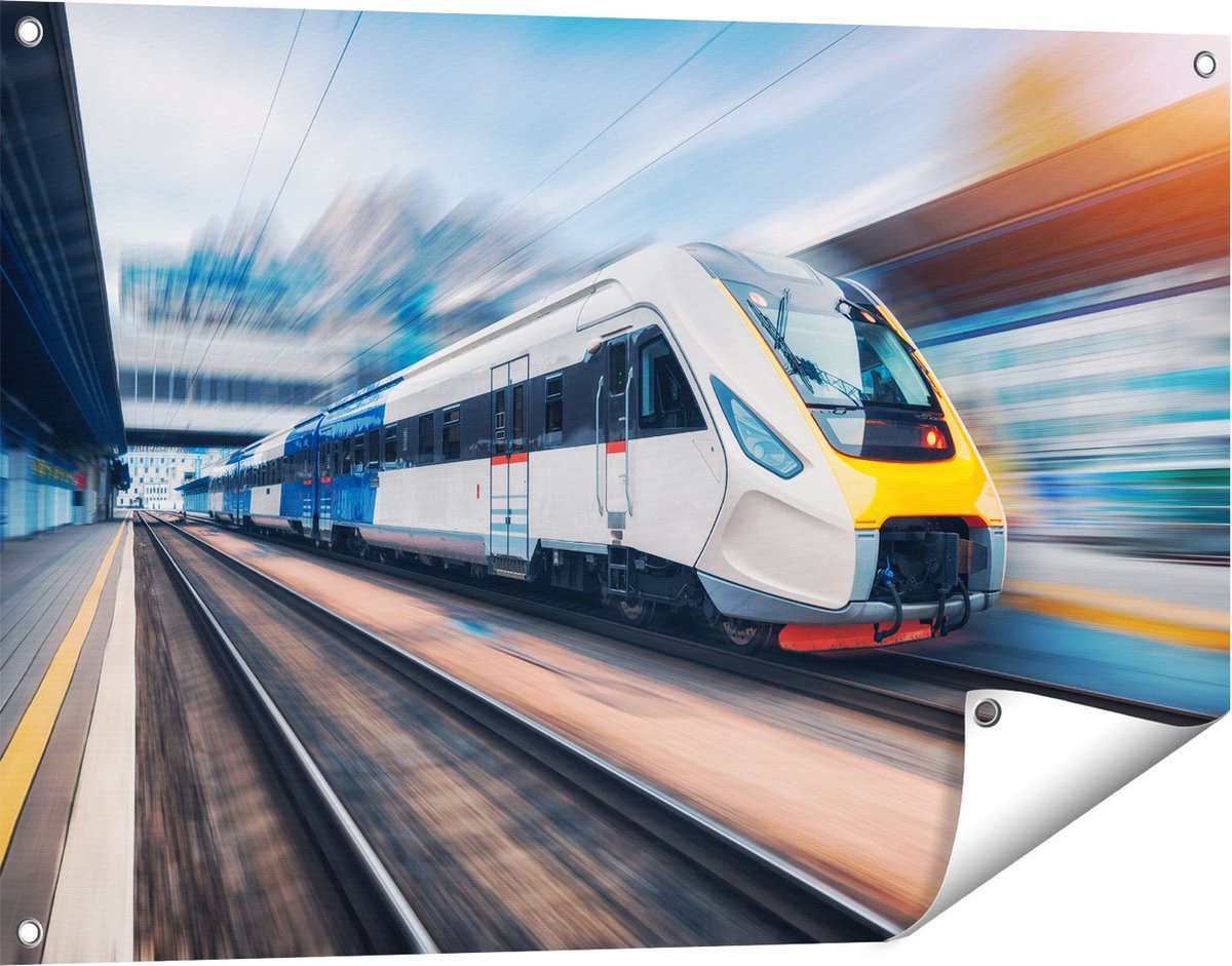 Gards Tuinposter Trein bij het Station - 90x60 cm - Tuindoek - Tuindecoratie - Wanddecoratie buiten - Tuinschilderij Multikleur