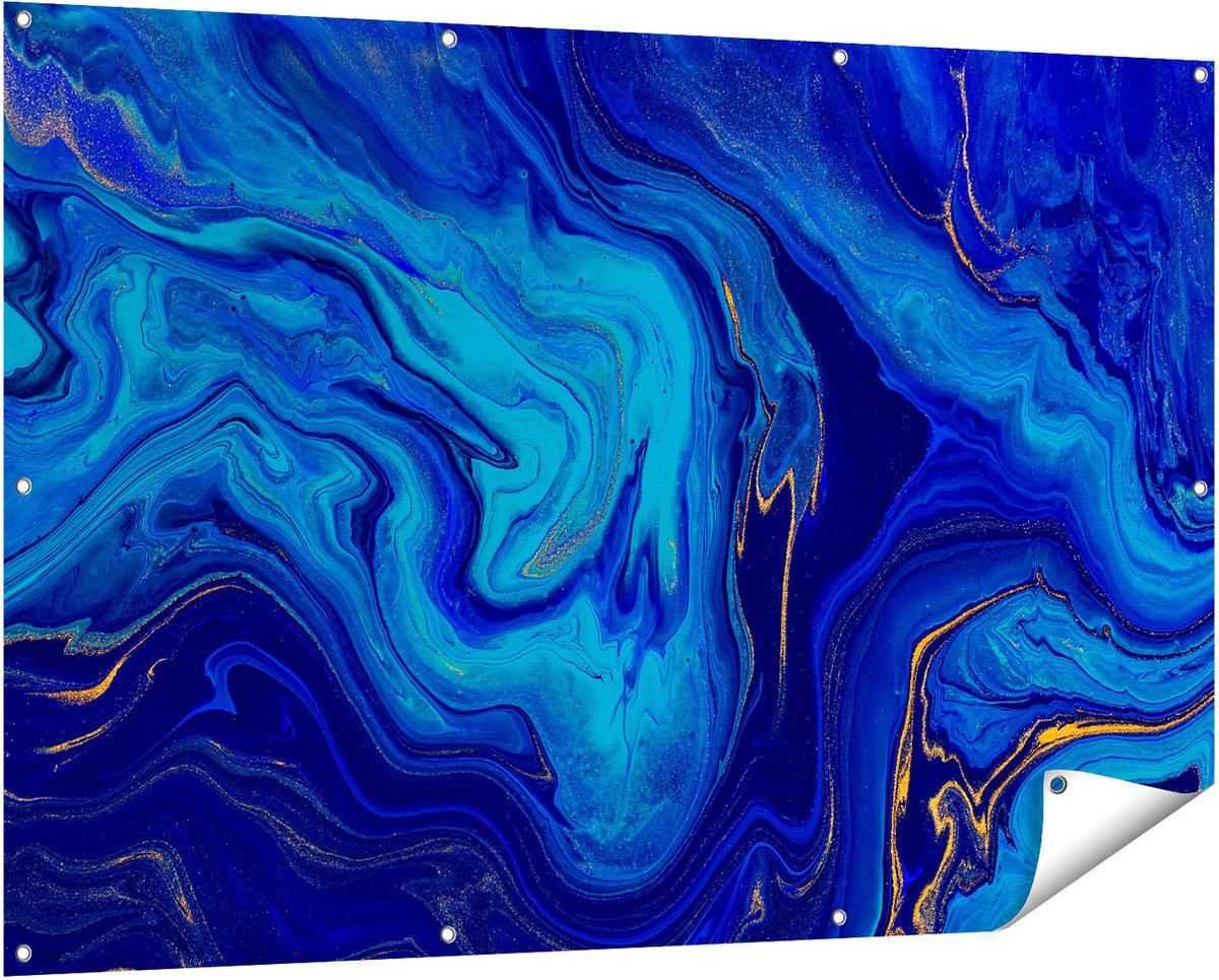 Gards Tuinposter Abstracte Kunst - Blauw met Gouden Verf - 150x100 cm - Tuindoek - Tuindecoratie - Wanddecoratie buiten - Tuinschilderij Multikleur