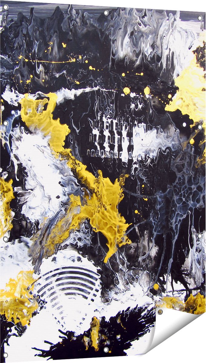 Gards Tuinposter Abstracte Kunst met Zwart, Wit en Goud - 80x120 cm - Tuindoek - Tuindecoratie - Wanddecoratie buiten - Tuinschilderij Multikleur
