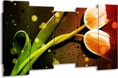 GroepArt - Canvas Schilderij - Tulp - Oranje, Groen, Rood - 150x80cm 5Luik- Groot Collectie Schilderijen Op Canvas En Wanddecoraties