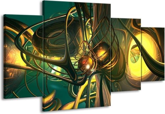 GroepArt - Schilderij -  Abstract - Groen, Geel, Goud - 160x90cm 4Luik - Schilderij Op Canvas - Foto Op Canvas