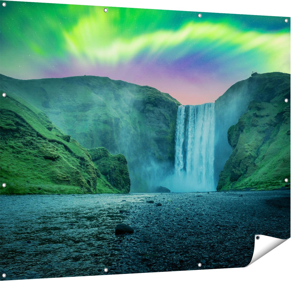 Gards Tuinposter Waterval met het Groene Noorderlicht - 150x120 cm - Tuindoek - Tuindecoratie - Wanddecoratie buiten - Tuinschilderij Multikleur