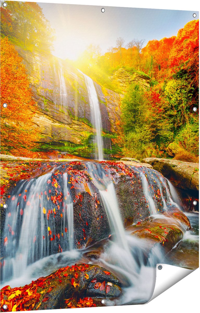 Gards Tuinposter Waterval in de Herfst Kleuren - 90x120 cm - Tuindoek - Tuindecoratie - Wanddecoratie buiten - Tuinschilderij Multikleur