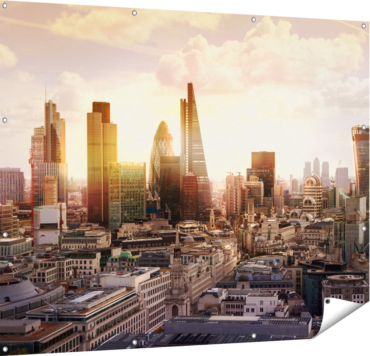 Gards Tuinposter Londen bij Zonsondergang in een Moderne Wijk - 150x120 cm - Tuindoek - Tuindecoratie - Wanddecoratie buiten - Tuinschilderij Multikleur