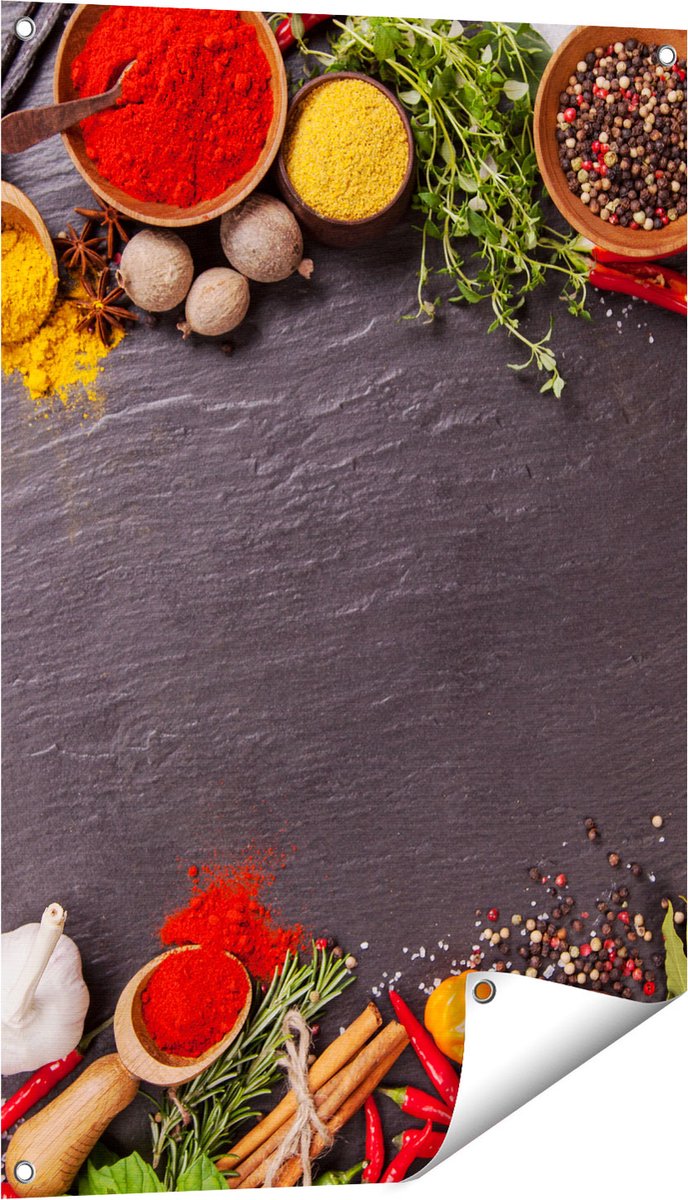 Gards Tuinposter Verschillende Kruiden op een Zwarte Tafel - 60x90 cm - Tuindoek - Tuindecoratie - Wanddecoratie buiten - Tuinschilderij Multikleur
