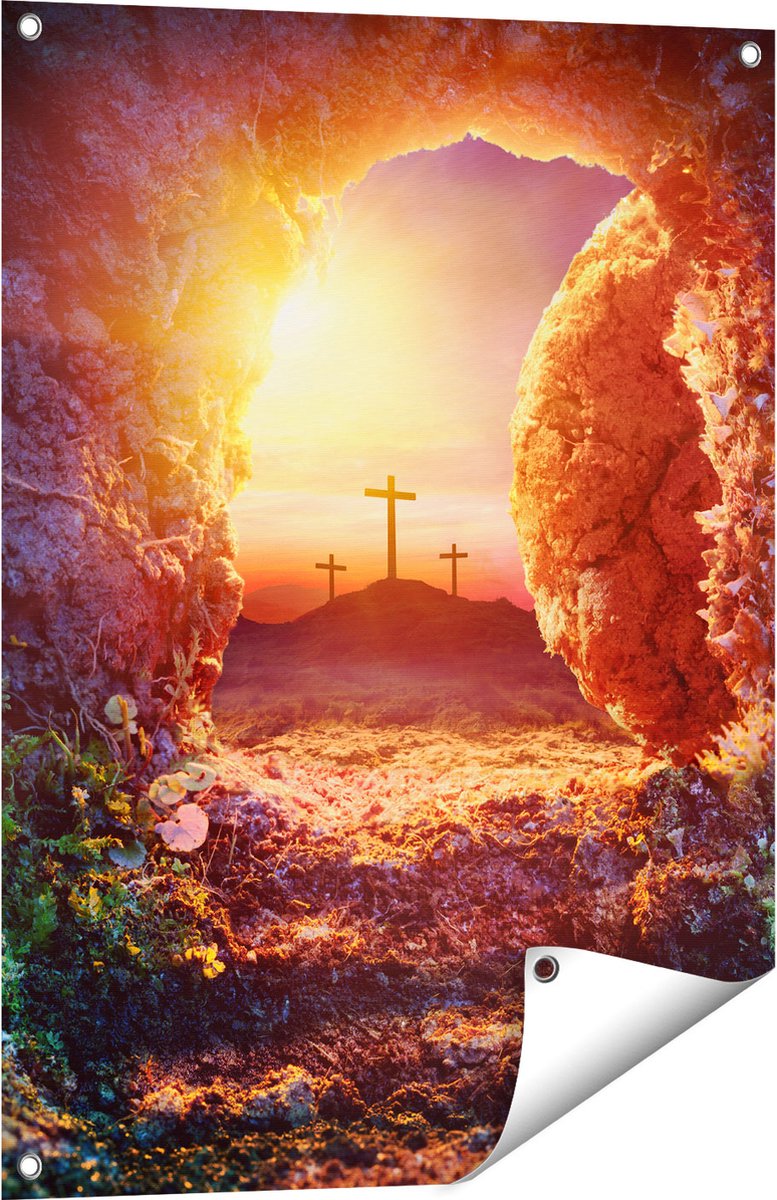 Gards Tuinposter Kruisiging bij Zonsopgang - Opstanding Jezus - 60x80 cm - Tuindoek - Tuindecoratie - Wanddecoratie buiten - Tuinschilderij Multikleur