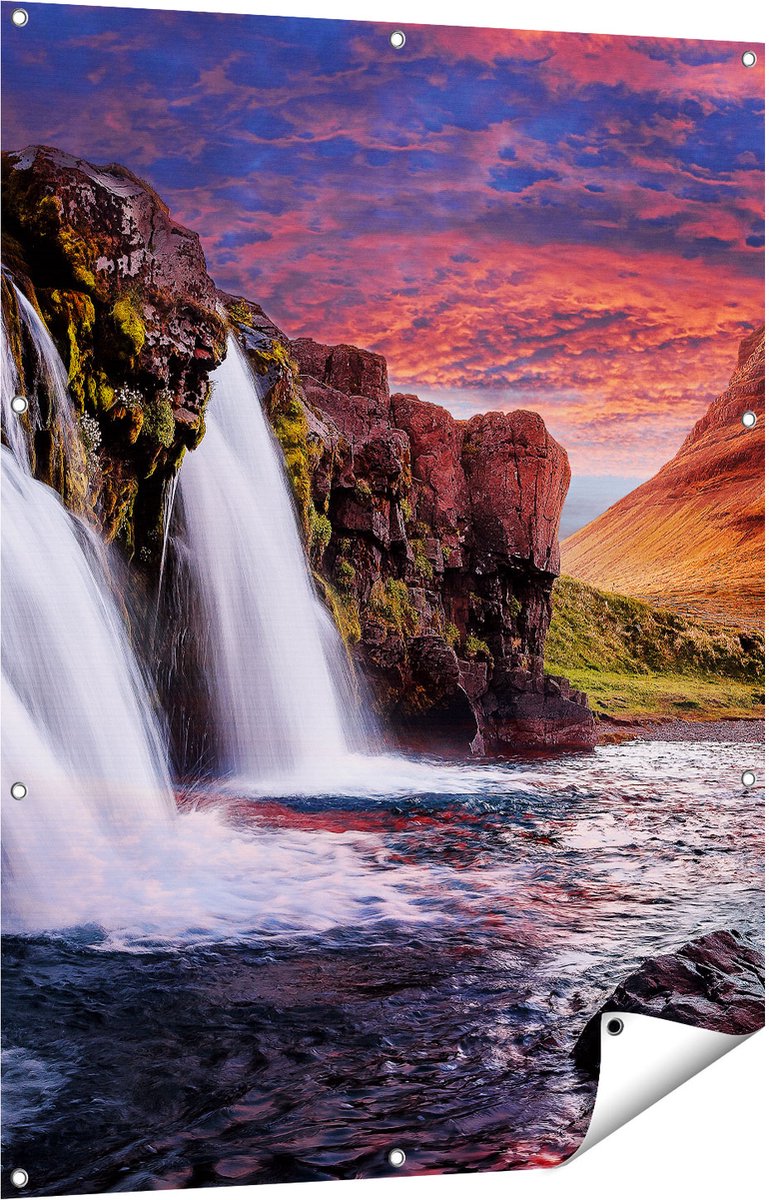 Gards Tuinposter Waterval bij een Berg - 90x120 cm - Tuindoek - Tuindecoratie - Wanddecoratie buiten - Tuinschilderij Multikleur