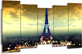 GroepArt - Canvas Schilderij - Eiffeltoren - Blauw, Geel, Grijs - 150x80cm 5Luik- Groot Collectie Schilderijen Op Canvas En Wanddecoraties