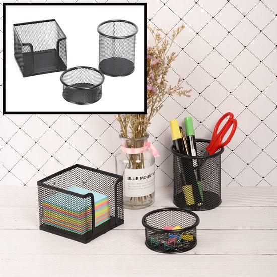 Foto: 3 delige bureau organizer set pennenbakje memobox paperclip houder buro pennenhouder pennenbak zwart