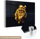 Glasschilderij zwart goud - Buddha - Goud - Religie - Boeddha beeld - Luxe - 120x80 cm - Muurdecoratie - Decoratie woonkamer